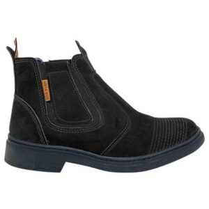 bota de couro, vista lateral com detalhes em laranja.